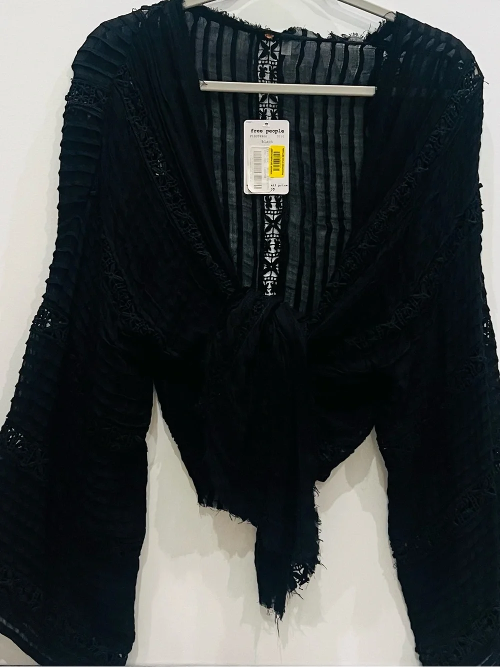 Free People Black Tie-Front Textured Boho Blouse Kimono NWT